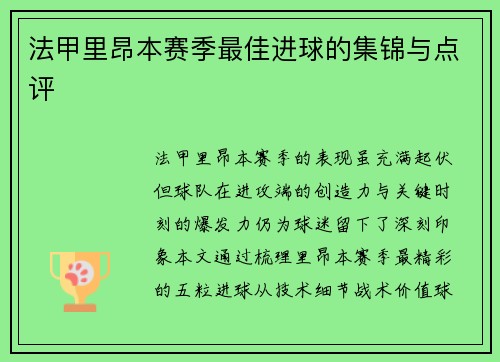 法甲里昂本赛季最佳进球的集锦与点评