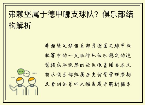 弗赖堡属于德甲哪支球队？俱乐部结构解析