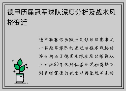 德甲历届冠军球队深度分析及战术风格变迁